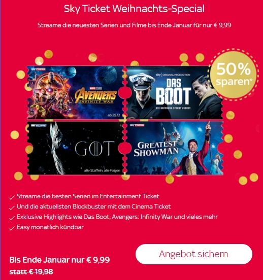 Sky Angebote Weihnachten 2022 Nur 9,99€ einmalig für 2x2 Monate Sky Tickets = 80 Ersparnis!